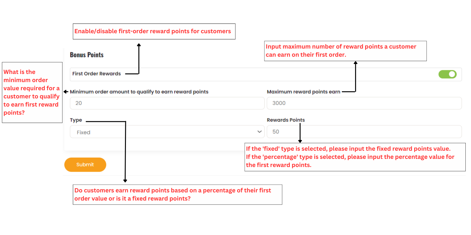 Manage first-order rewards points or bonus points settings