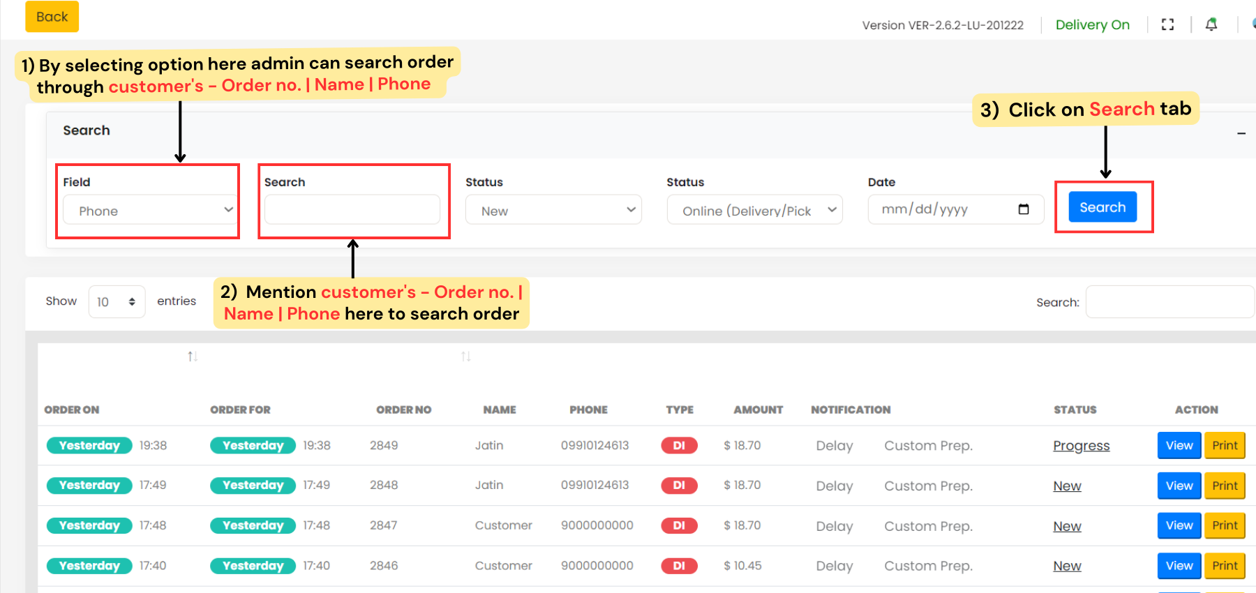 Search orders through - Order number | Name | Phone