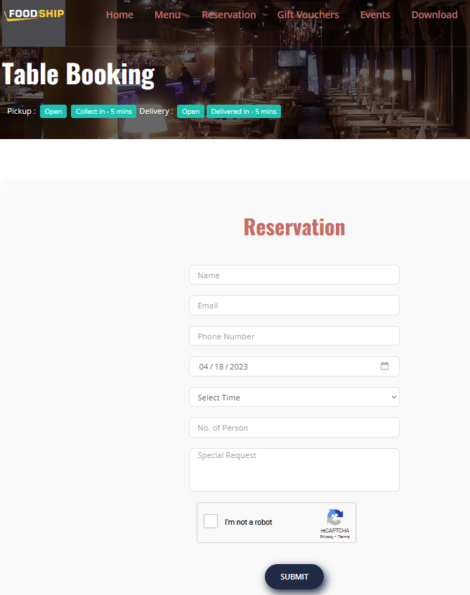 Reservation Page in frontend panel