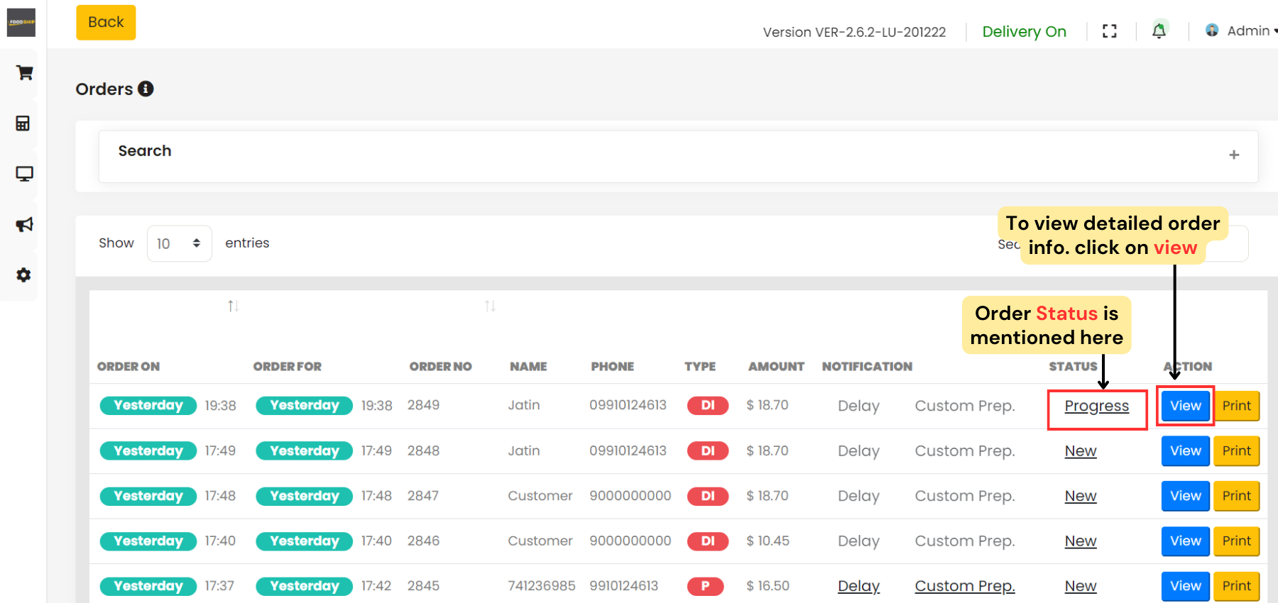 Order status and View order