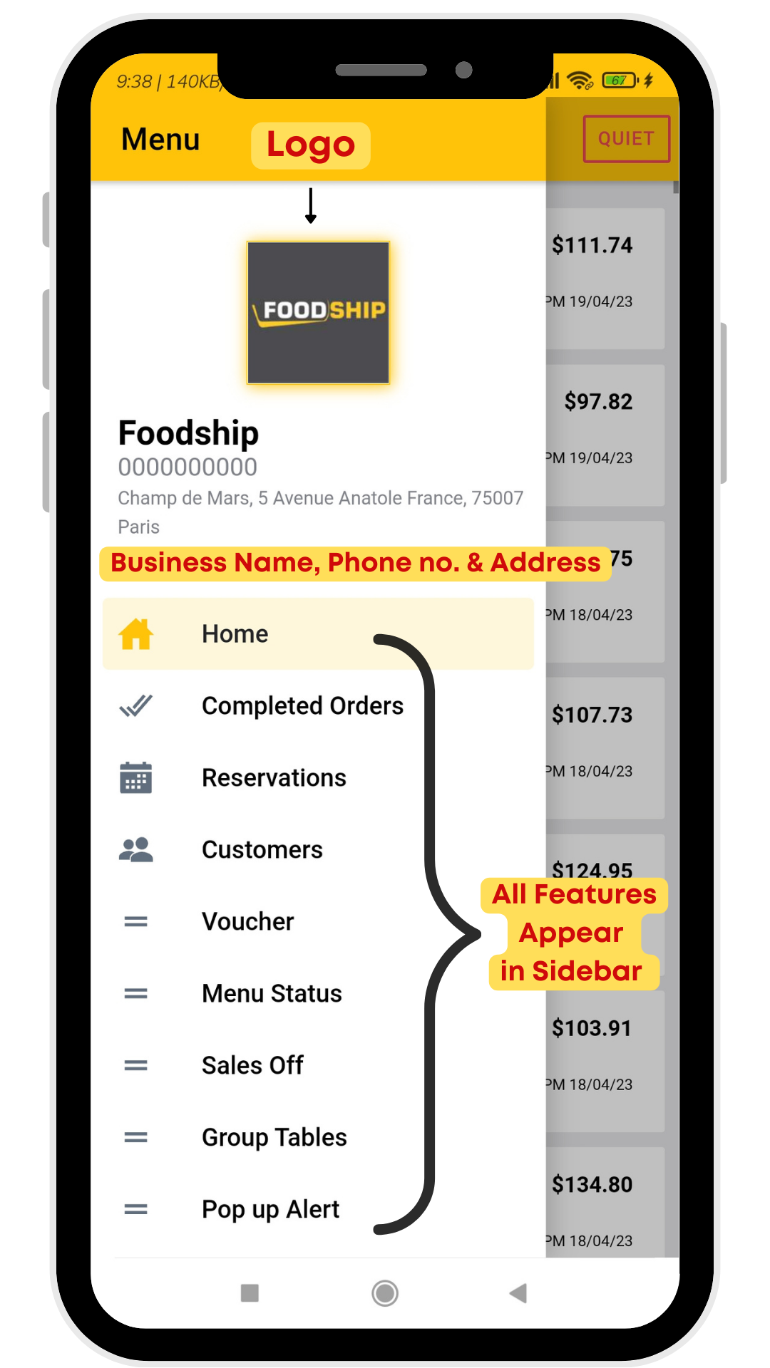 Sidebar of ORA App