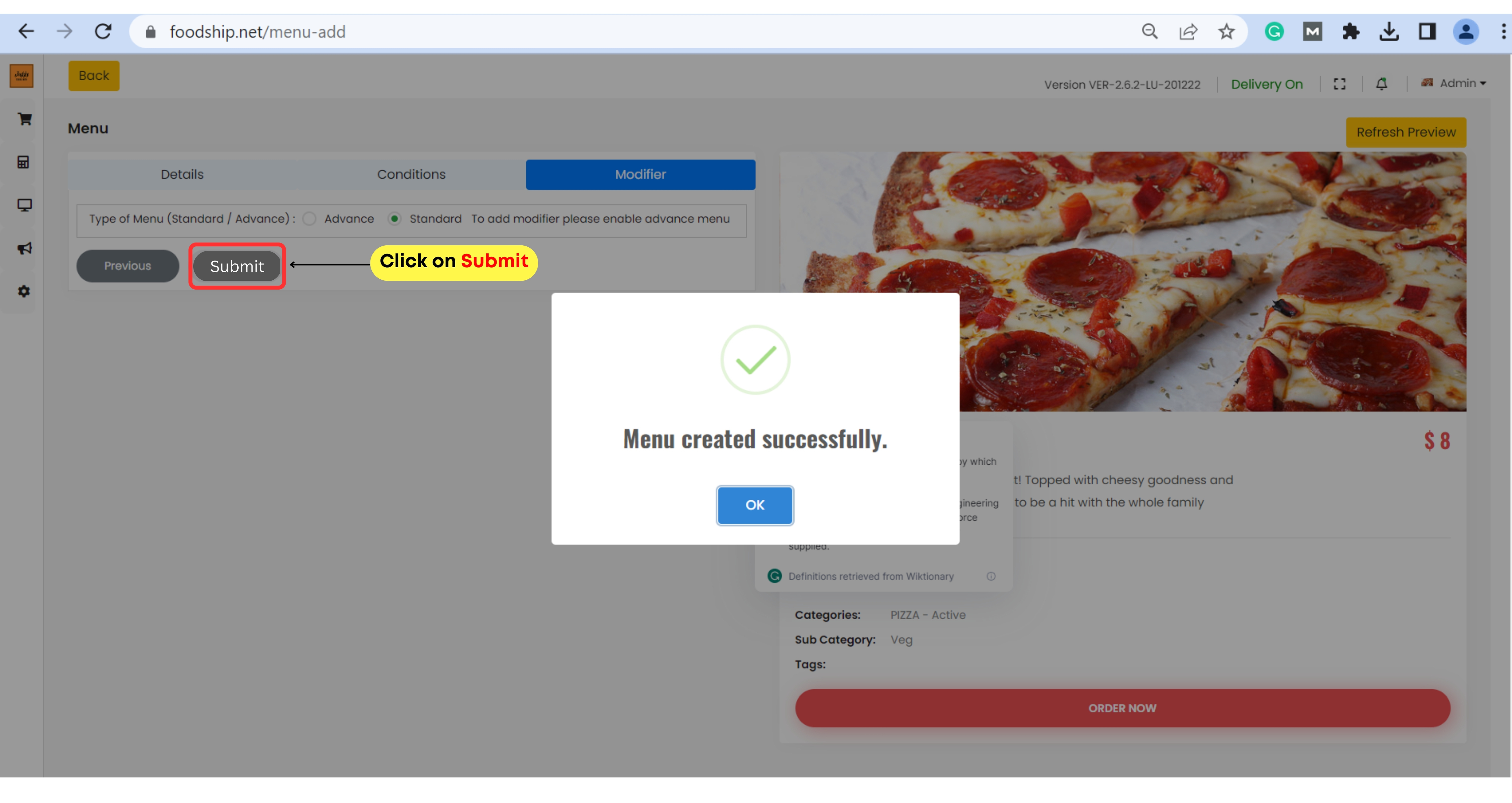Adding item in the menu