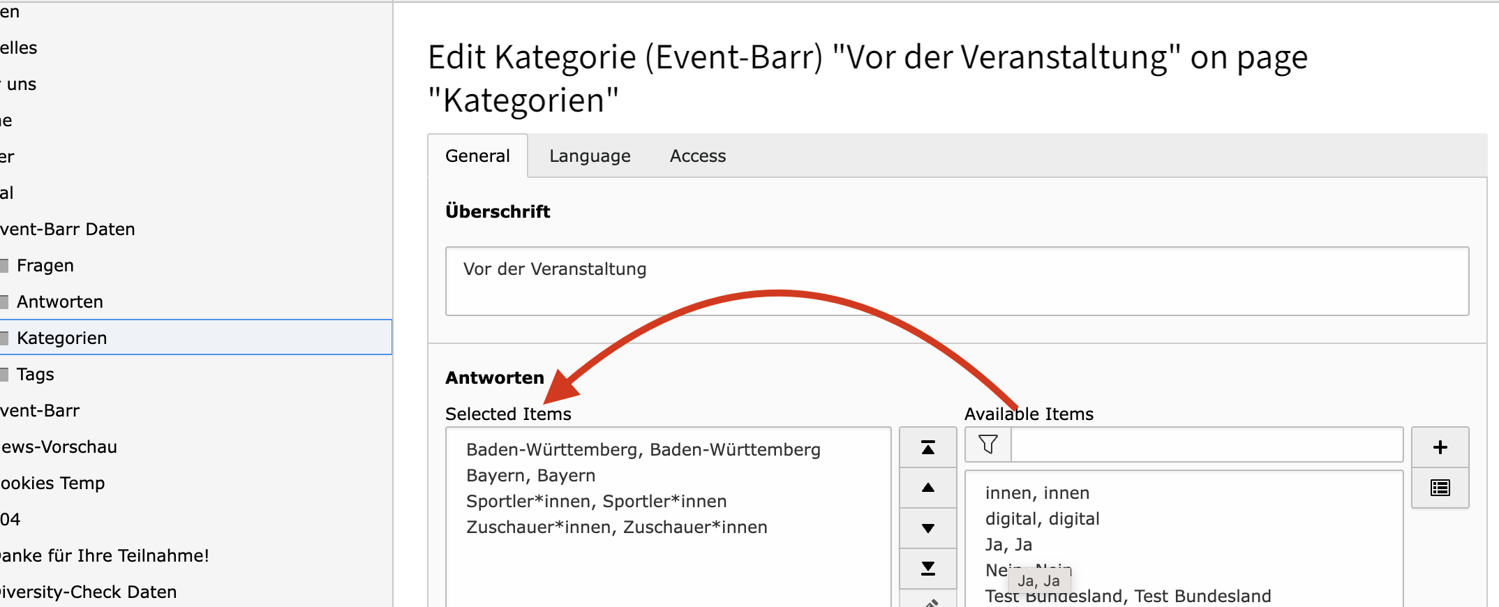 Zuordnung von Antworten zu den jeweiligen Kategorien