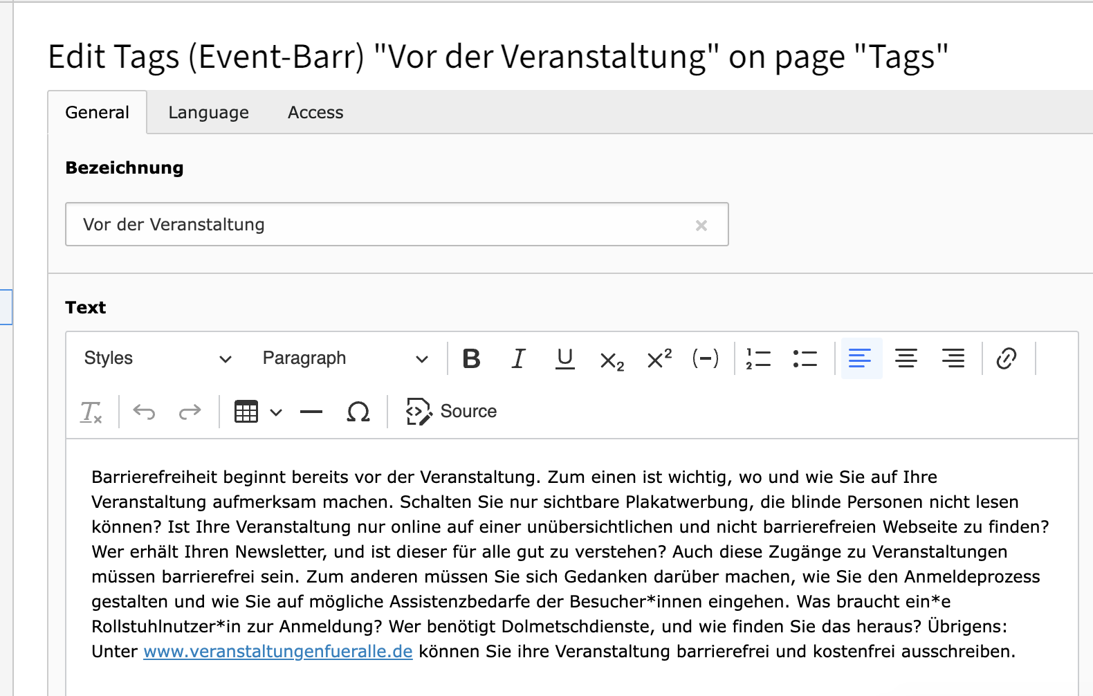 Einstellungen eines Tags