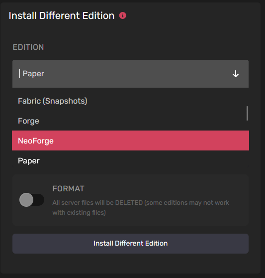 This example shows preloading the server from Paper, to selecting NeoForce instead.