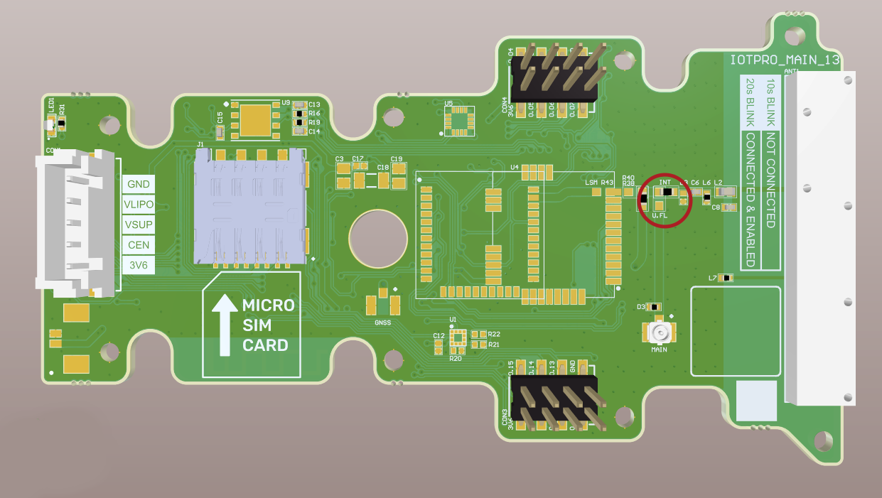 This configuration shows the main board configured to use the Internal Antenna