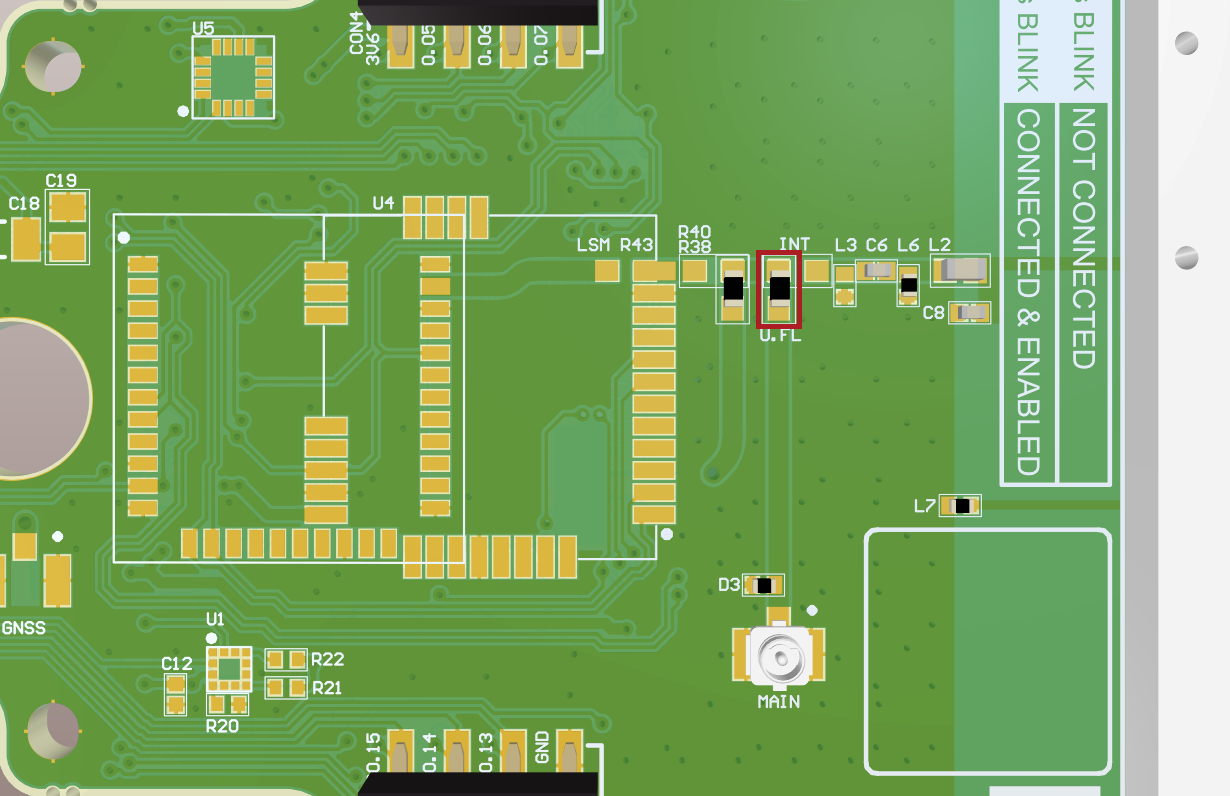 This configuration shows the main board configured to use the External Antenna with the UFL Connector