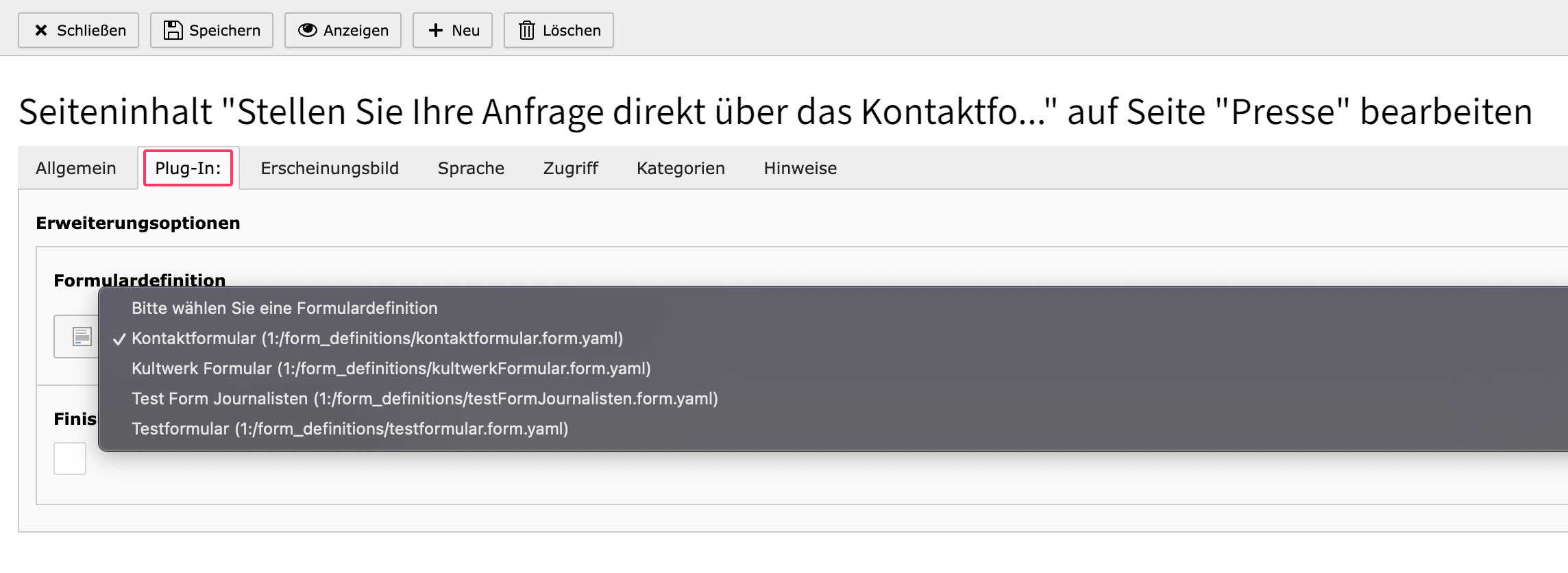 Wählen Sie das richtige Formular im Reiter "Plug-In" aus.