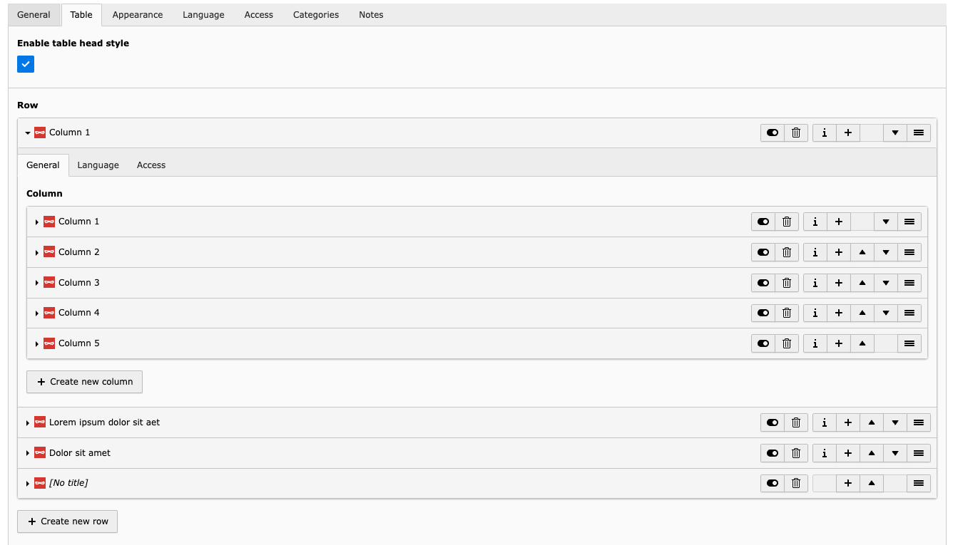 Anlegen von Zeilen und Spalten erfolgt durch "+ Create new row" bzw. "+ Create new column"
