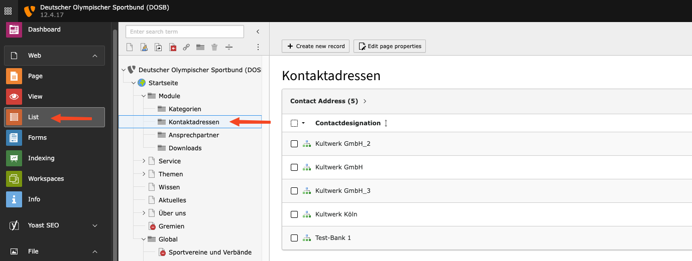 Module werden immer in der List-Ansicht gepflegt