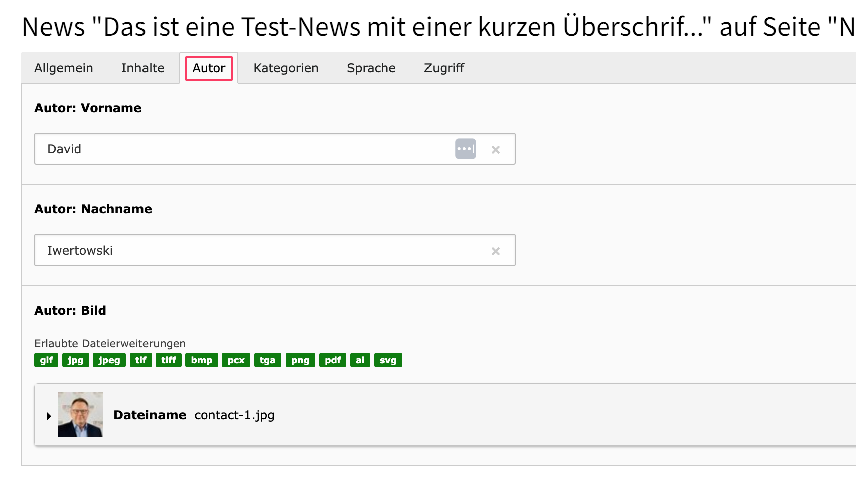Unter dem Reiter "Autor" kann ein Redakteur der News angelegt werden.