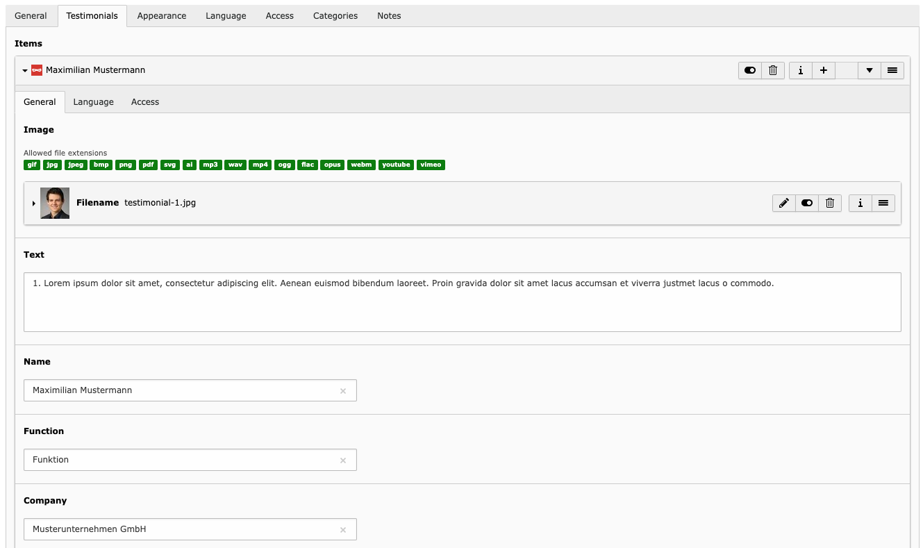 Im Backend können beliebig viele Items (=Zitate) angelegt werden