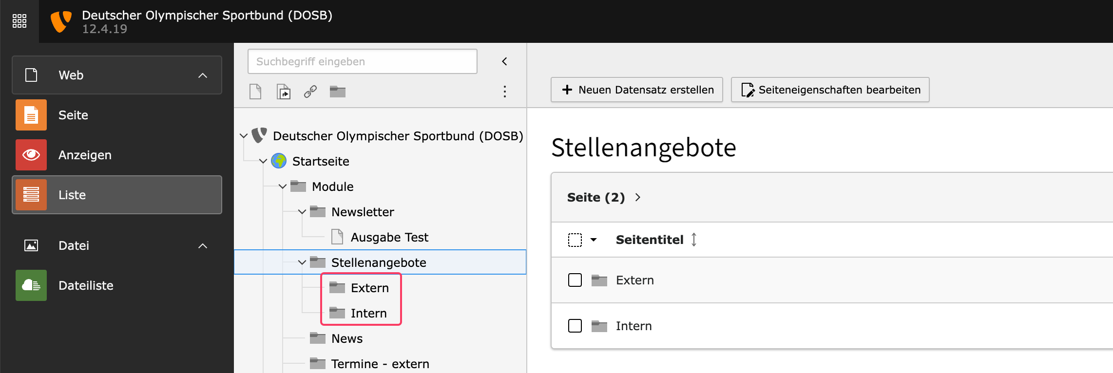 Stellenangebote werden unterteilt in Extern und Intern.