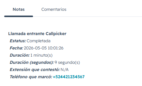 Llamada entrante (sin nombre y número de extensión)