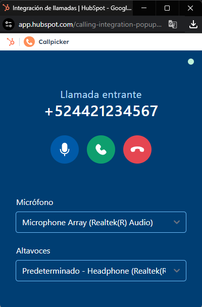 Estatus de la llamada: Llamada entrante