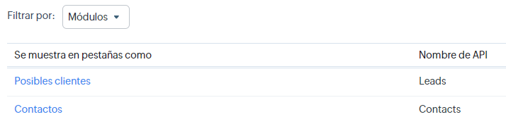 Selección de modulo para visualizar nombres API