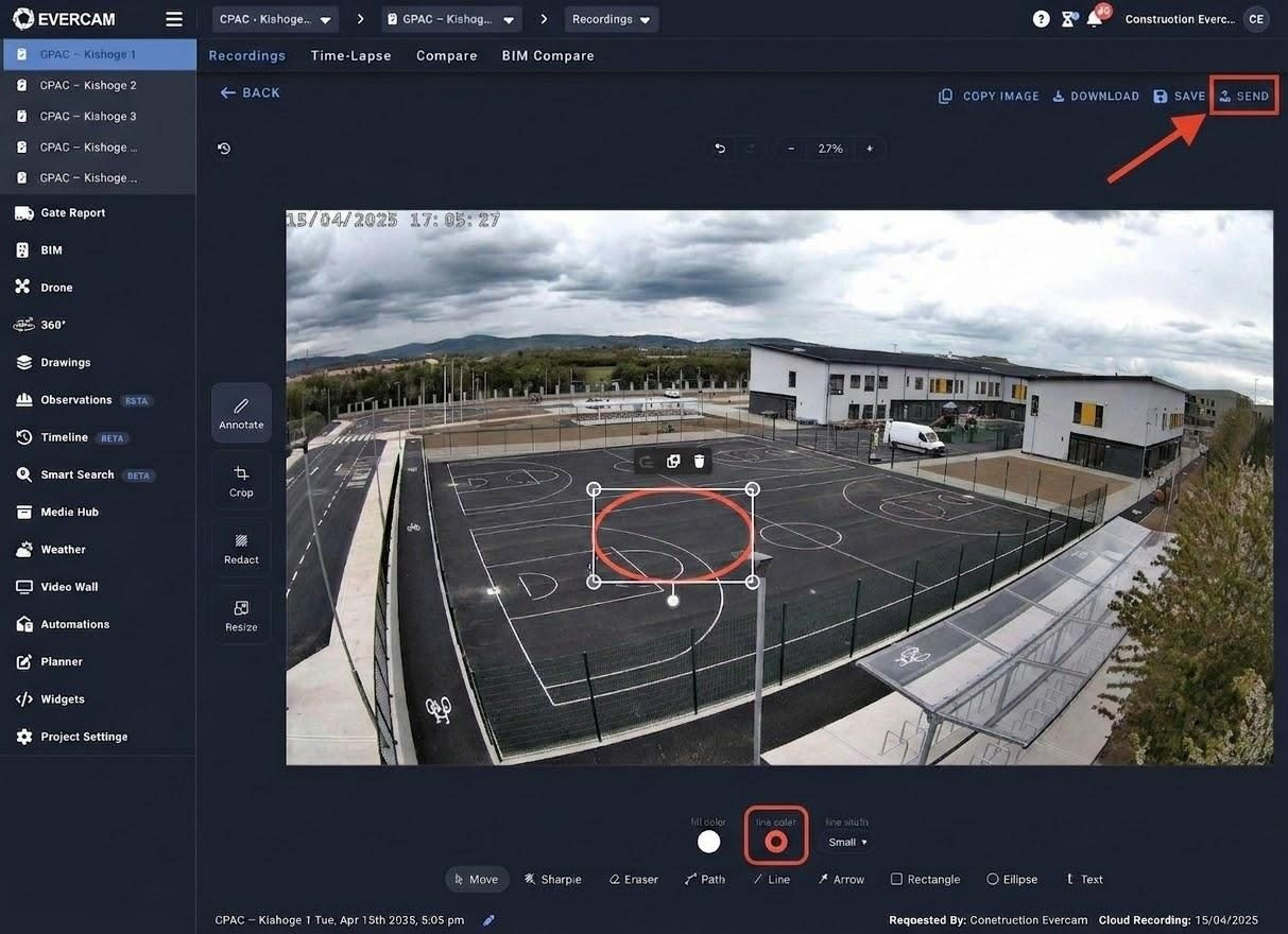 The Evercam markup workspace on CPAC – Kishoge 1. Annotate, then click Send (top right).