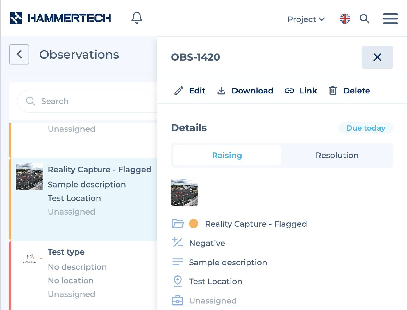 The observation as it lands in HammerTech — image attached, details carried over, status Unassigned.