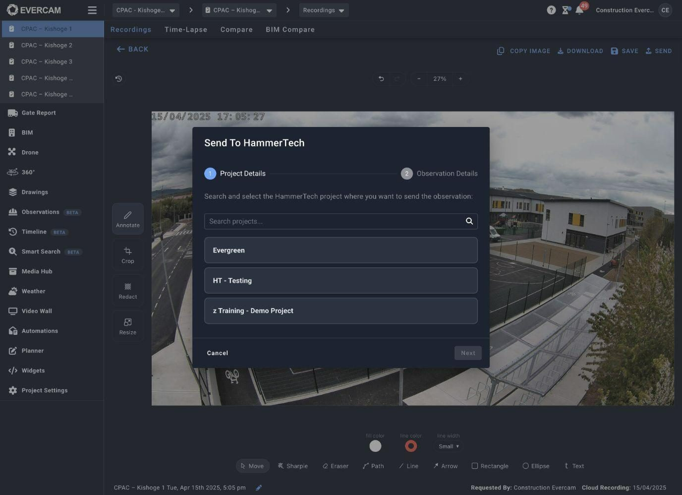 Step 1 of 2 — search and select the HammerTech project (here, "z Training – Demo Project").